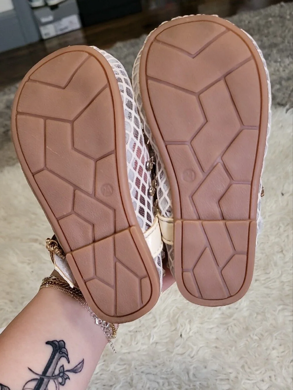 Kong Cream Rhinestone Mesh Mary Jane Shoes